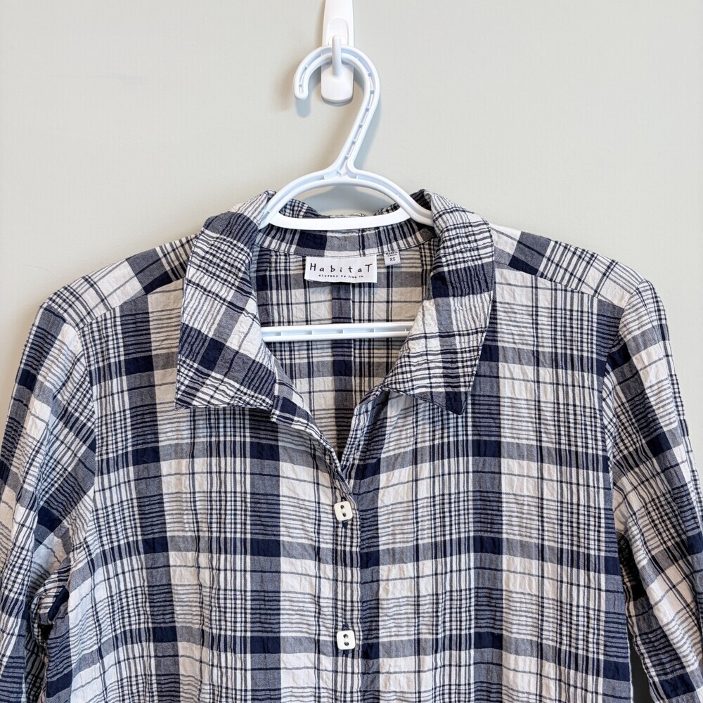 Habitat Blouse Plaid Button Down Cottagecore Coastal Blue White Size Small